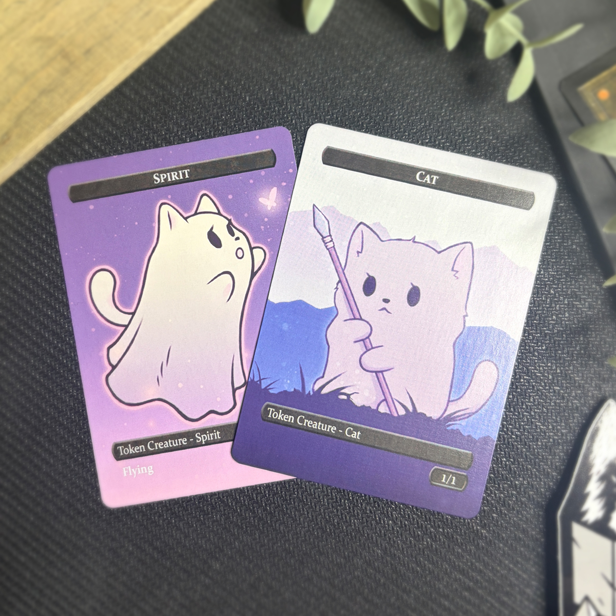 two custom double-sided spirit/cat tokens for Magic: The Gathering (MTG)
