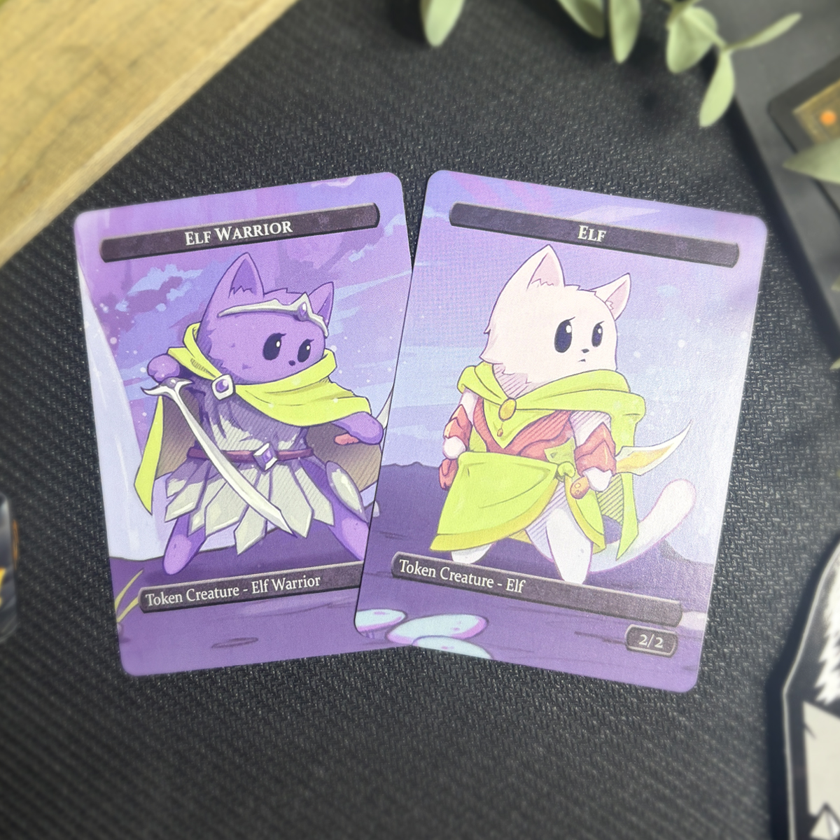 two custom double-sided elf / elf-warrior tokens for Magic: The Gathering (MTG)